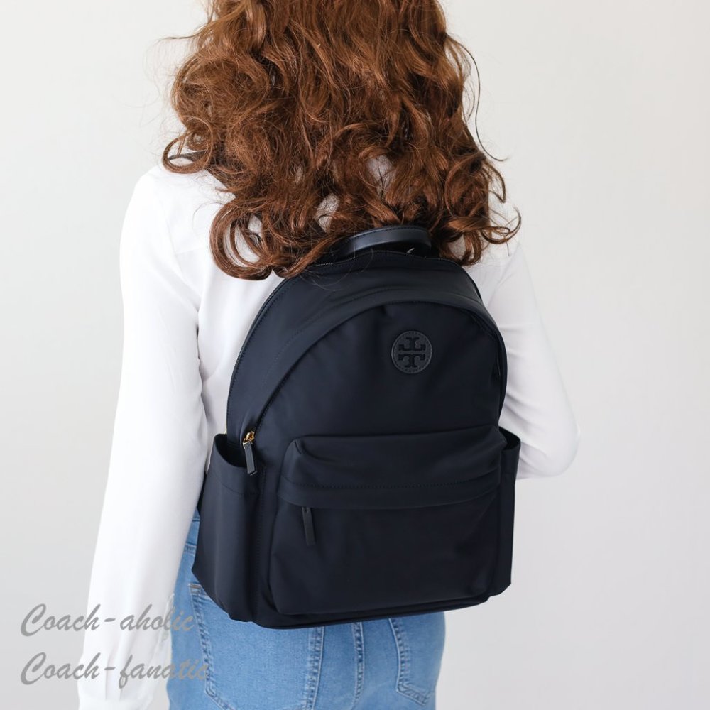 NWT Tory Burch Ella Logo Dual Zip Compartment Nylon Backpack in Black - Picture 2 of 13